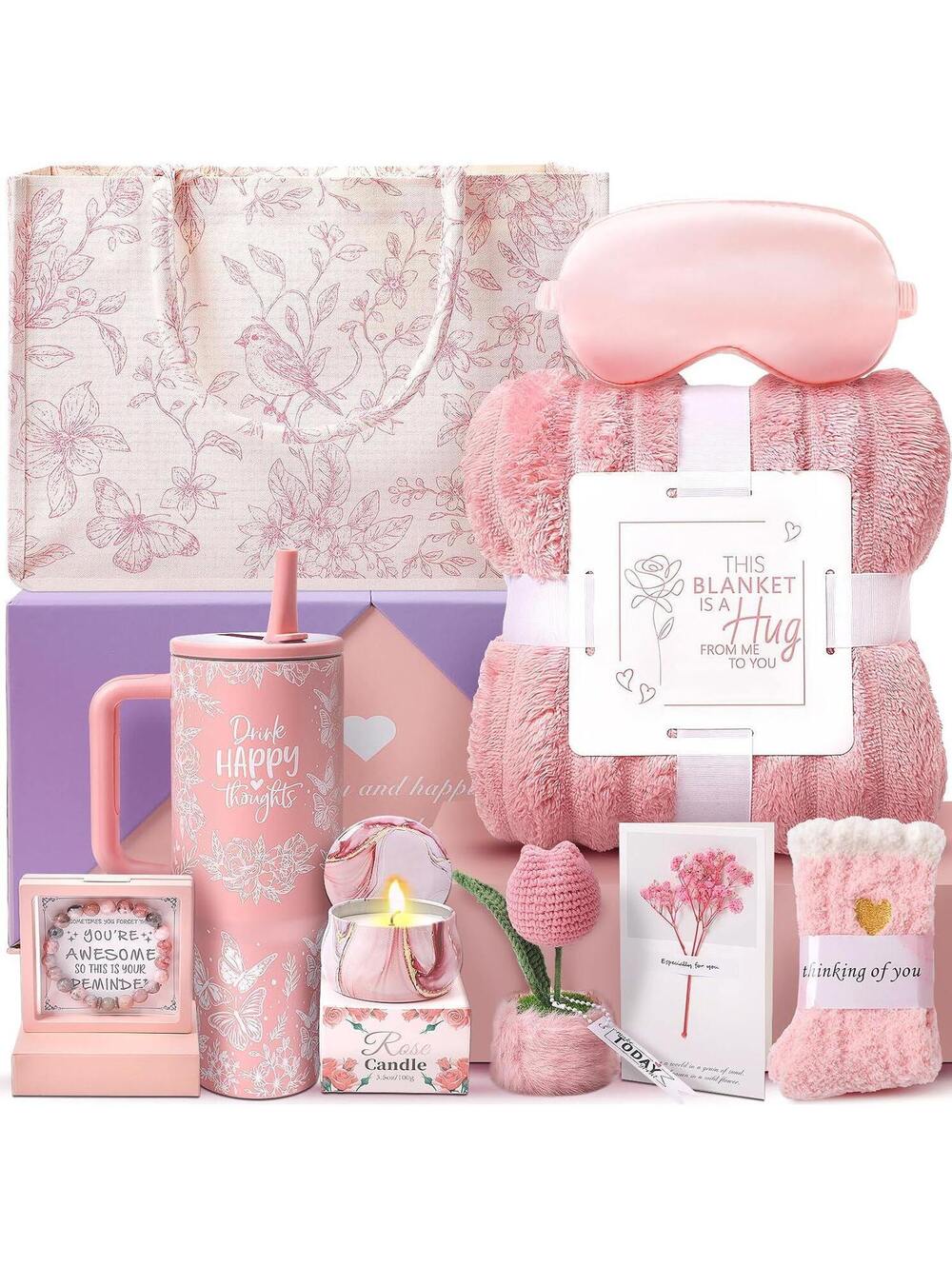 Birthday Gifts for Women, 10PCS Relaxing Self-Care Gift Basket with Blanket